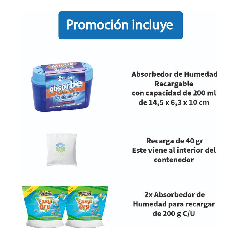 Absorbedor De Humedad Con Recarga 40g + 2 Recargas 200 C/u