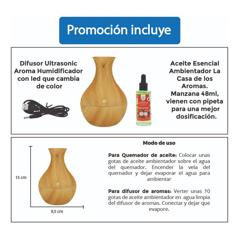 Difusor De Aroma Luz Led Usb 200 Ml + Aceite Manzana 50 Ml