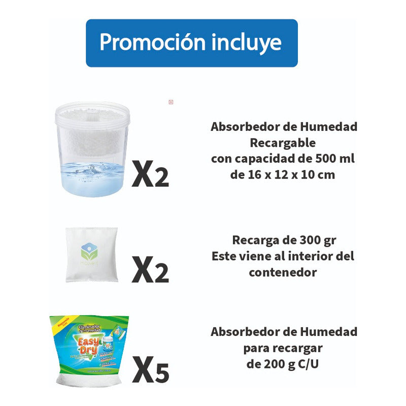 Absorbedor De Humedad Recargable 2 Potes + 5 Recargas