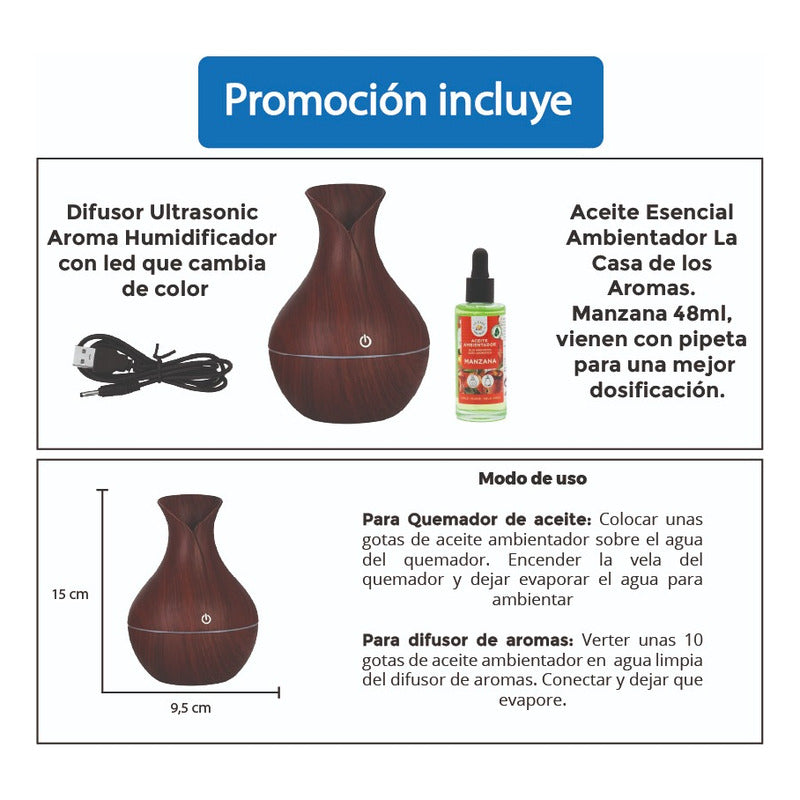 Difusor De Aroma Luz Led Usb 200 Ml + Aceite Manzana 50 Ml