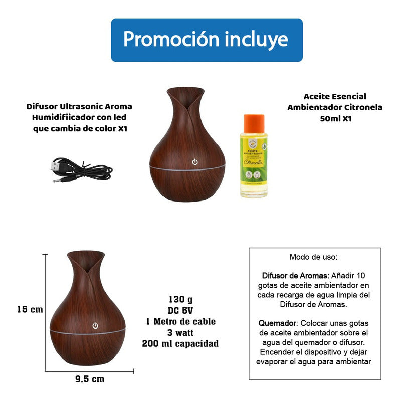 Difusor De Aroma Luz Led Usb 200 Ml + Aceite Citronela 50 Ml