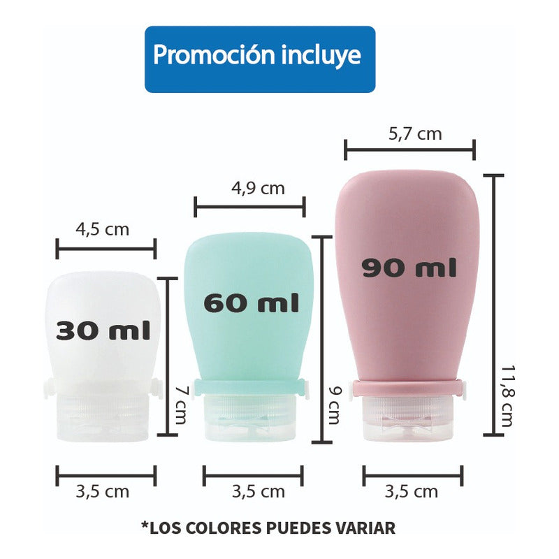 Viaja Liviano Set X3 Botellas Silicona Plegable 90+60+30 Ml