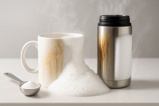 Es un polvo espumoso diseñado para eliminar manchas incrustadas de té, café y otras bebidas en tazas, teteras, termos y otros utensilios de cerámica, vidrio, acero inoxidable y plástico.
No requiere fregar; simplemente se añade una cucharada al recipiente con agua caliente y se deja actuar.
Restaura los artículos a su estado original, eliminando las manchas que los lavavajillas no pueden quitar.