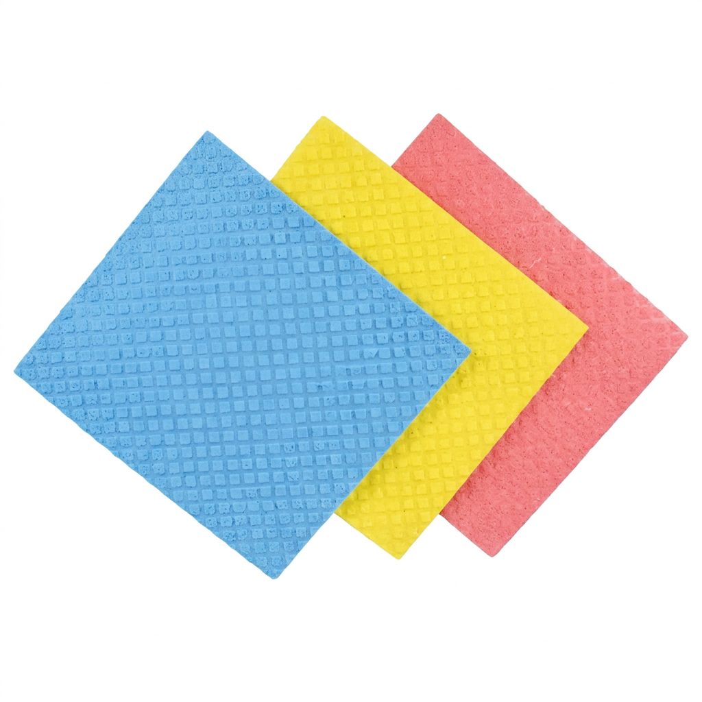Tres paños de colores en formato cuadrado