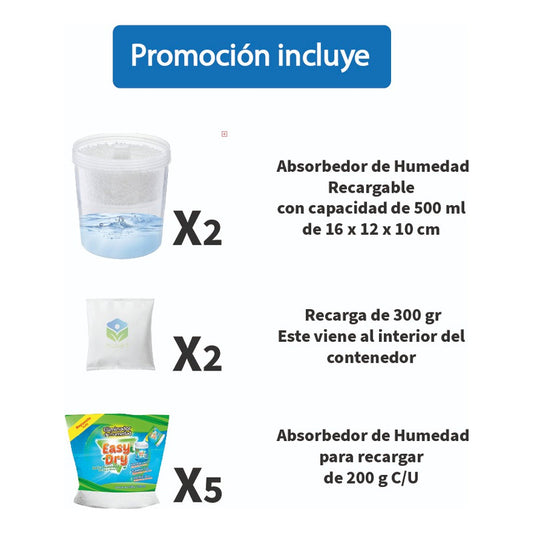 Absorbedor De Humedad Recargable 2 Potes + 5 Recargas