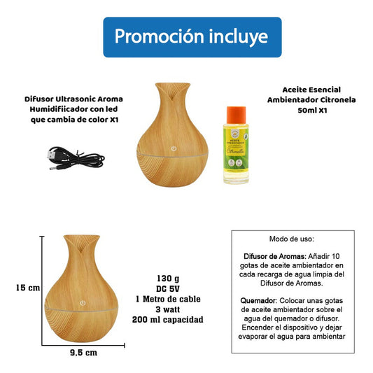 Difusor De Aroma Luz Led Usb 200 Ml + Aceite Citronela 50 Ml