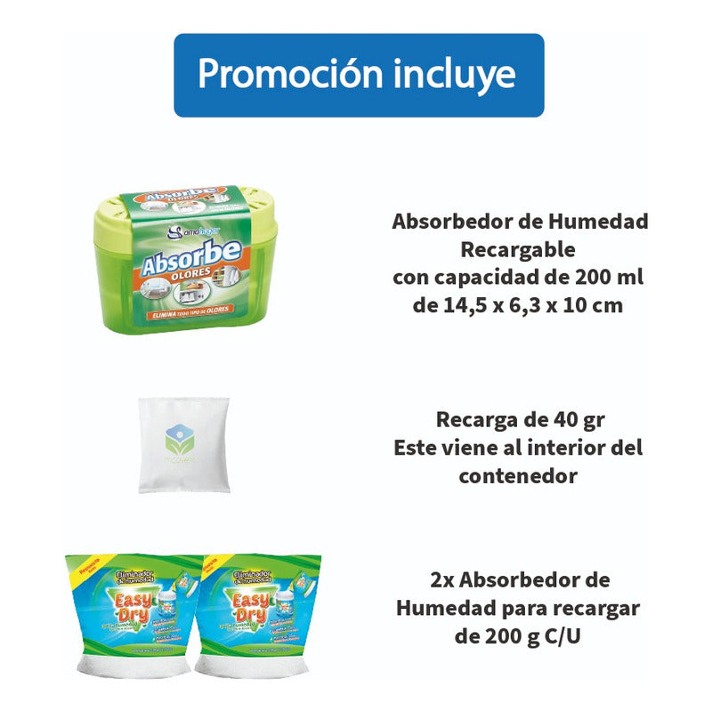 Absorbedor De Humedad Con Recarga 40g + 2 Recargas 200 C/u