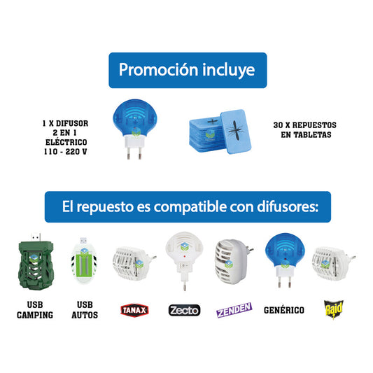Repelente Mosquitos Zancudo 2 En 1 -  Difusor + 30 Tabletas